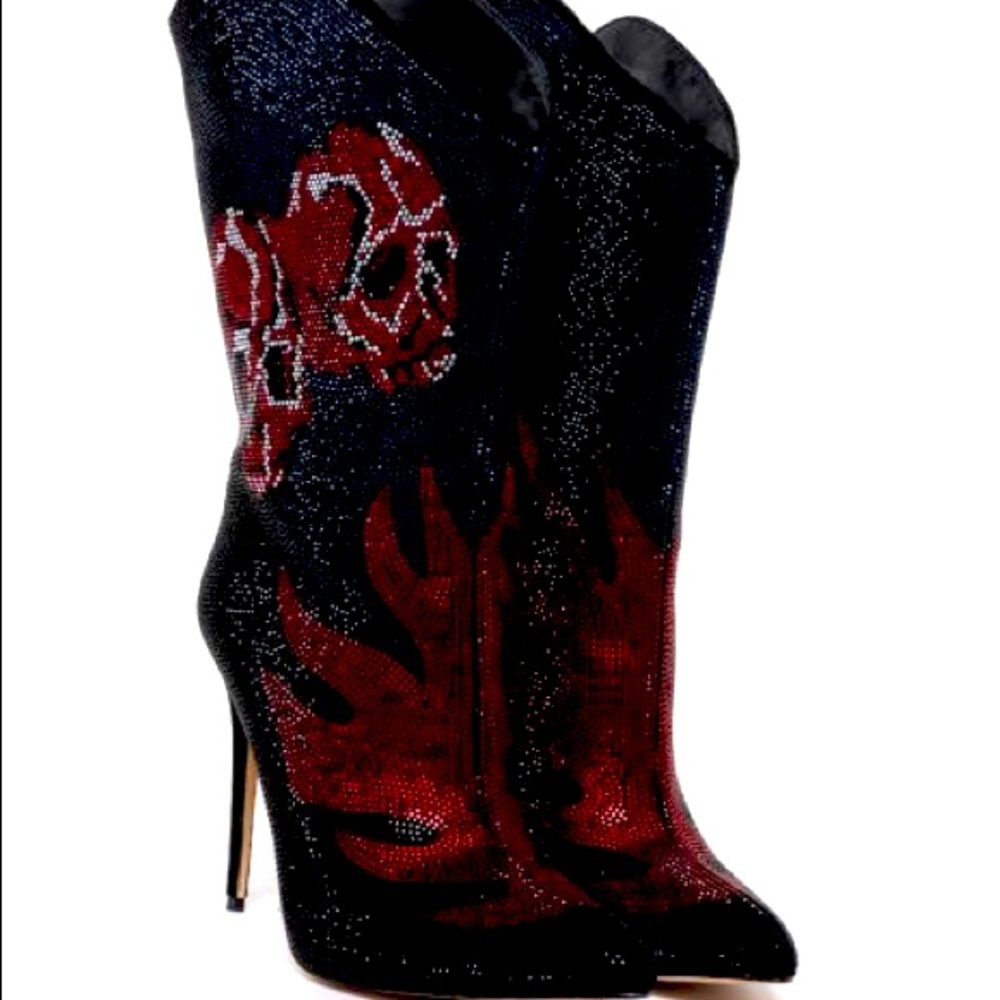 Sexy Red and Black Rhinestone Knee High Heel Cowboy Boots
